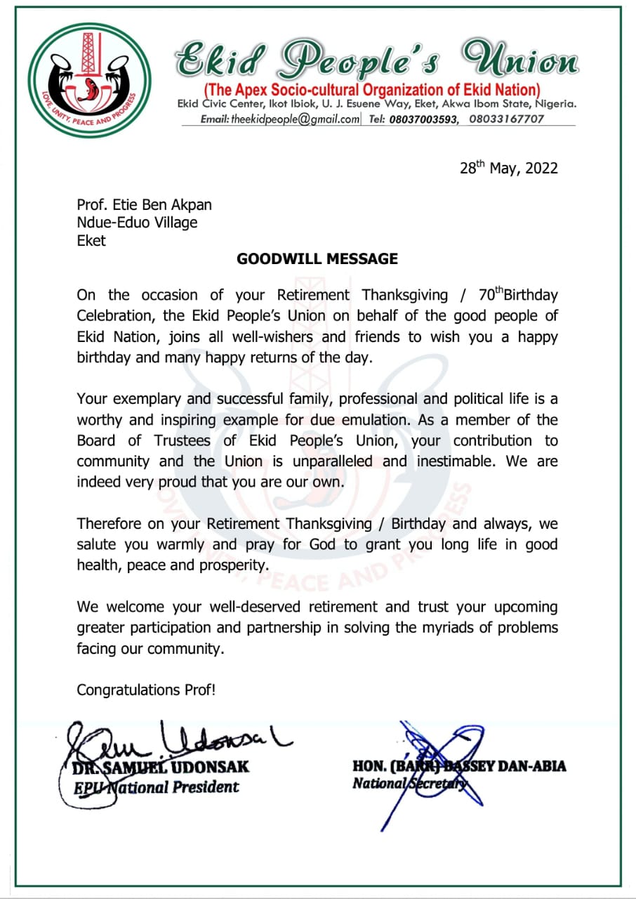The leadership of Ekid People’s Union warmly felicitate with Prof. Etie Ben Akpan on his retirement